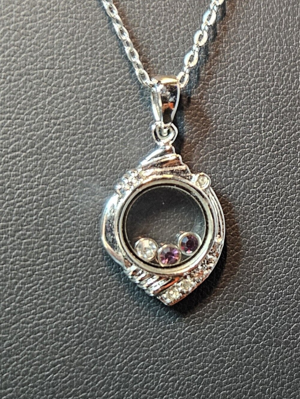 Silver Tone Floating Stone Glass Locket Pendant Necklace Pink Purple Rhinestones